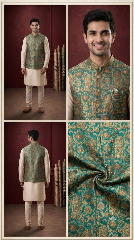 Men’s Teal Green Brocade Nehru Jacket