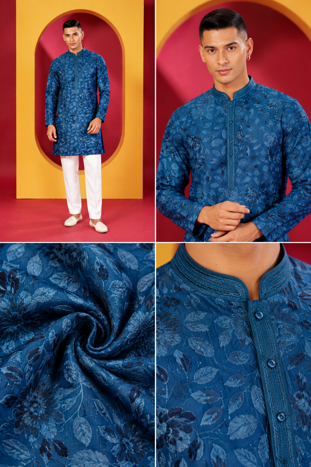 Men's Premium Royal Teal Blue Floral Printed Kurta with White Pant Set