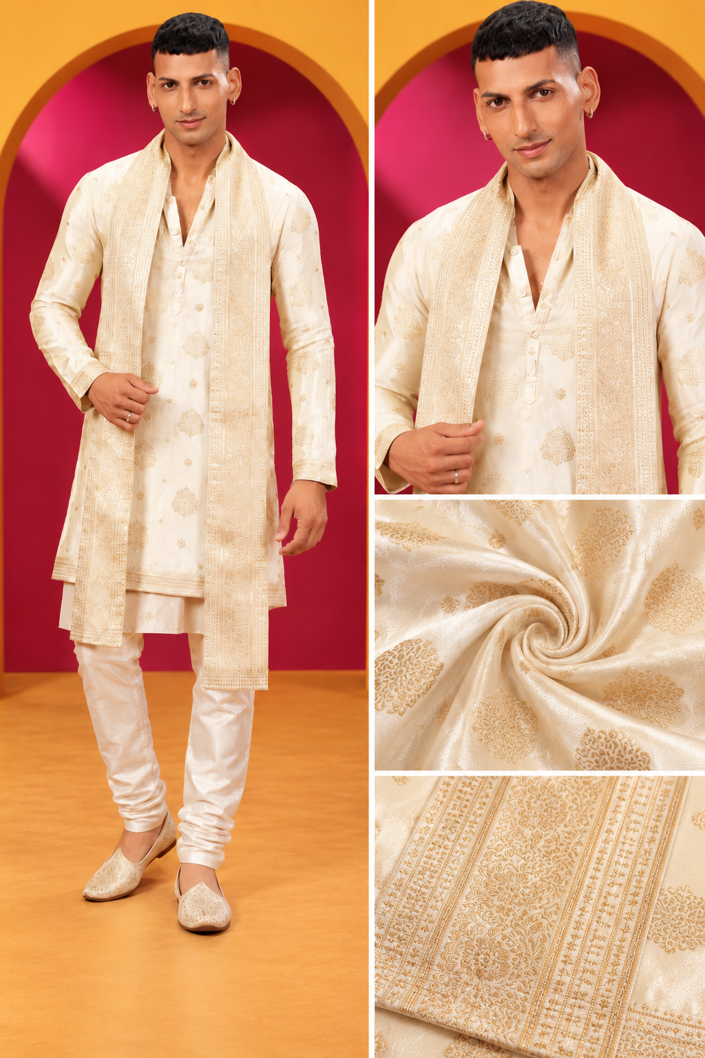 Men's Premium Ivory Cream & Gold Embroidered Kurta Churidar Set with Matching Stole