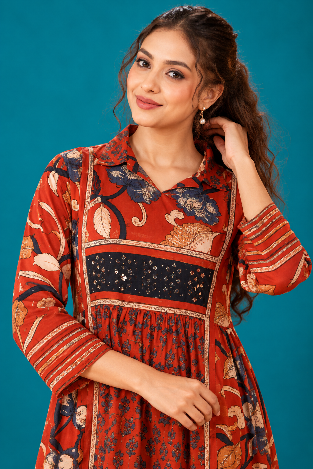 Rust Red Floral Printed Midi Dress – Elegant Casual Wear