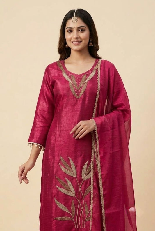 Rani Pink Embroidered Kurta Pant Dupatta Set