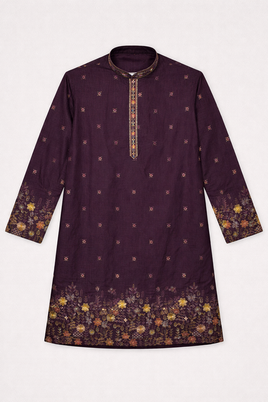 Royal Wine Floral Embroidered Straight Kurta