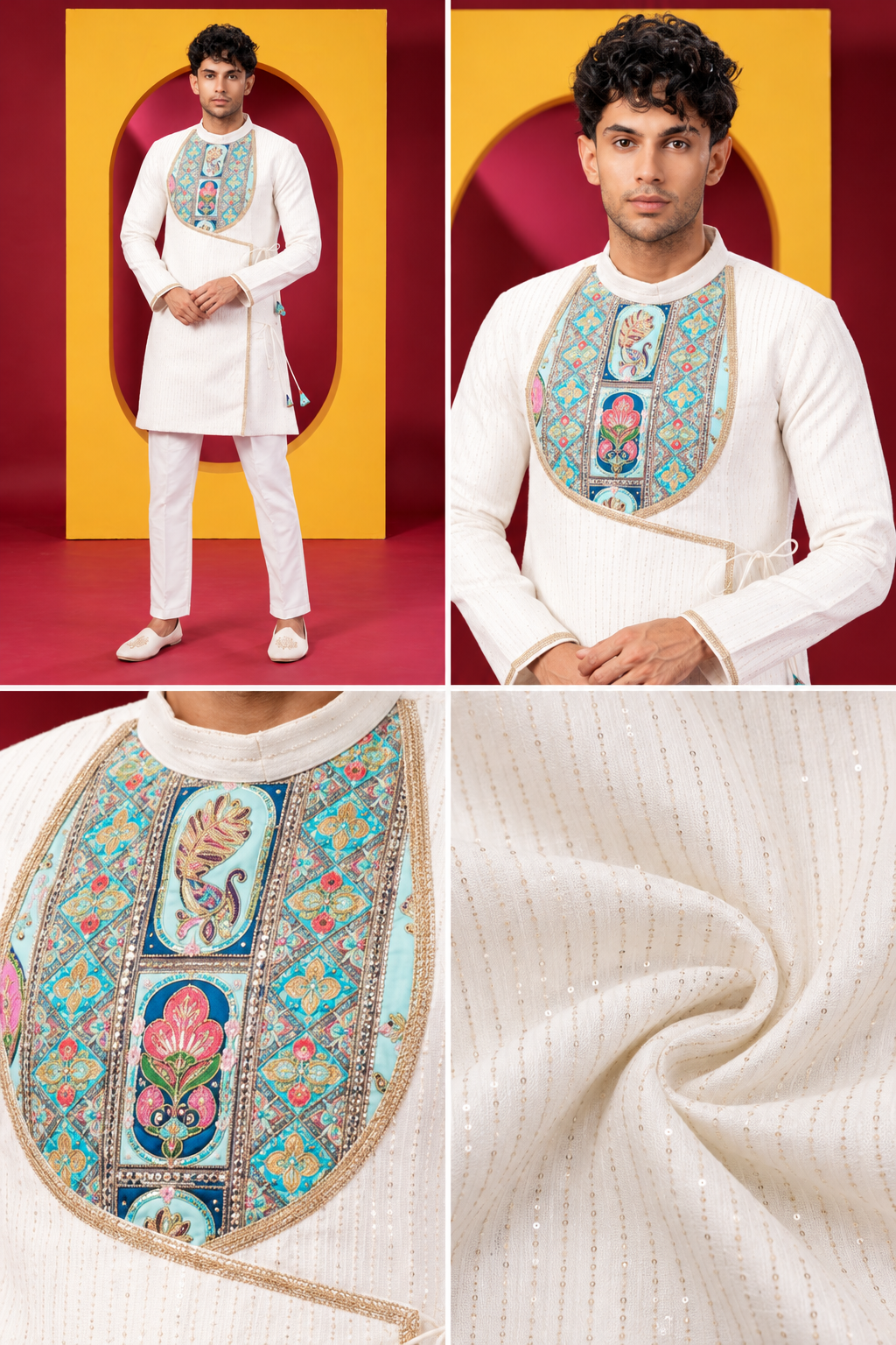 Premium Ivory White Multicolor Embroidered Indo-Western Kurta Set for Men