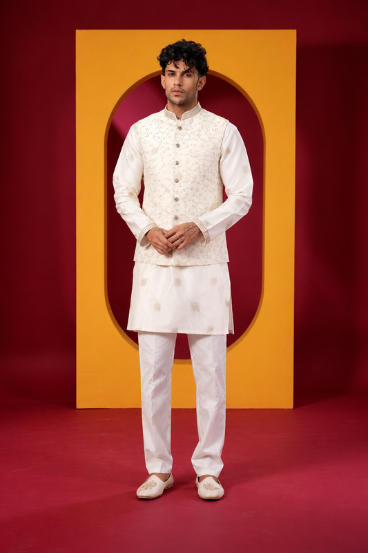Men's Premium Ivory Embroidered Nehru Jacket Kurta Set