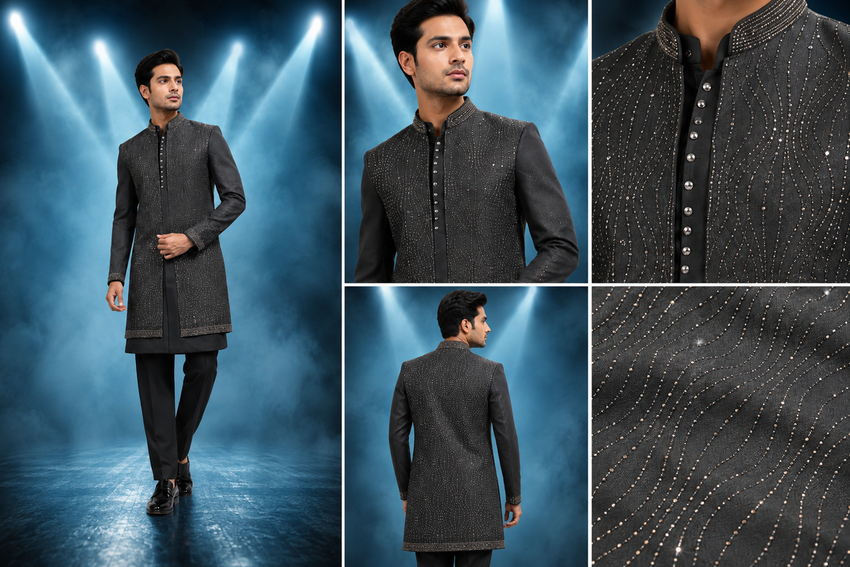 Black Embellished Indo-Western Sherwani Set