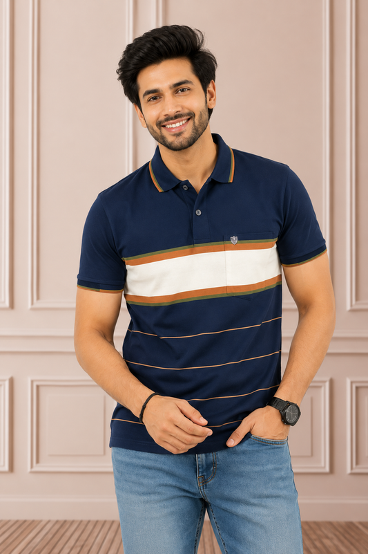 Navy Horizon Striped Polo T-Shirt for Men