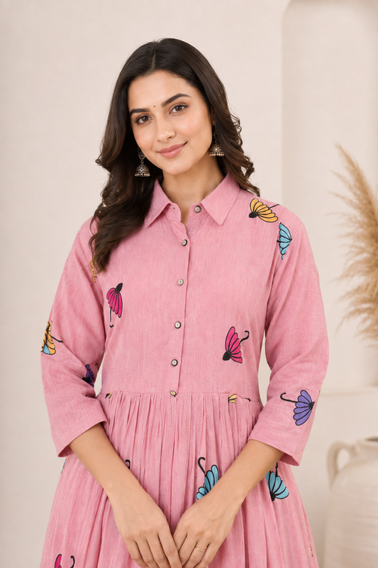 Blush Pink Butterfly Embroidered Shirt Dress