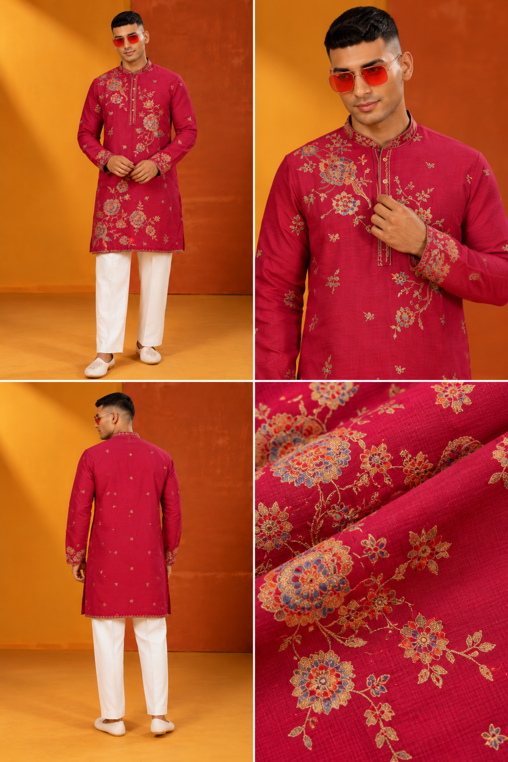 Men's Royal Magenta Floral Embroidered Kurta Set