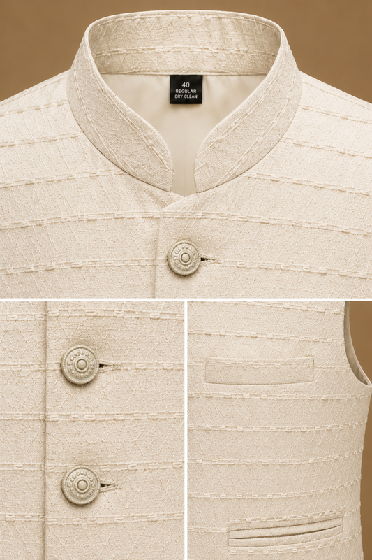 Men's Ivory Textured Nehru Jacket | Premium Ethnic Waistcoat