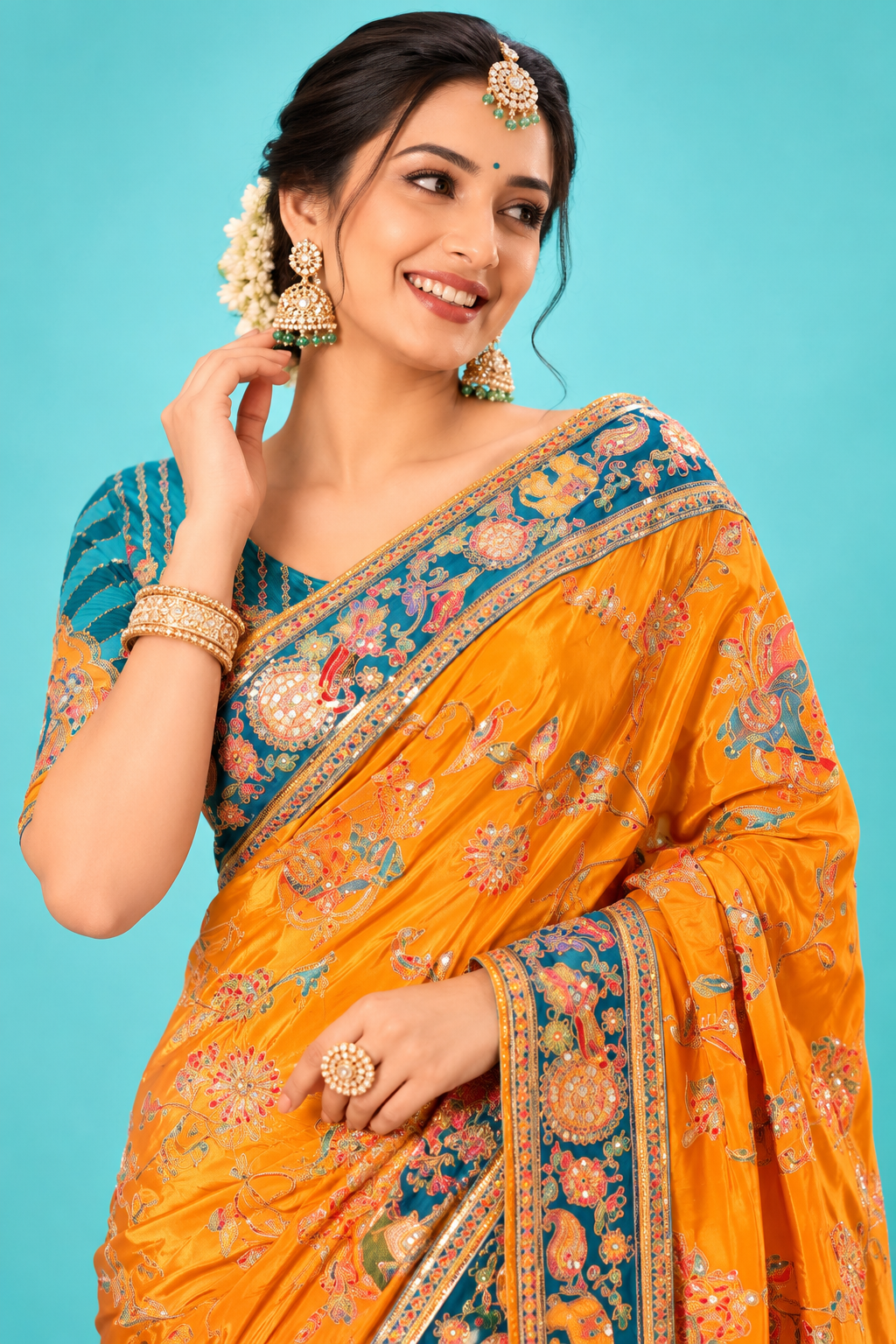Royal Orange Designer Saree with Teal Blue Embroidered Border & Rich Pallu
