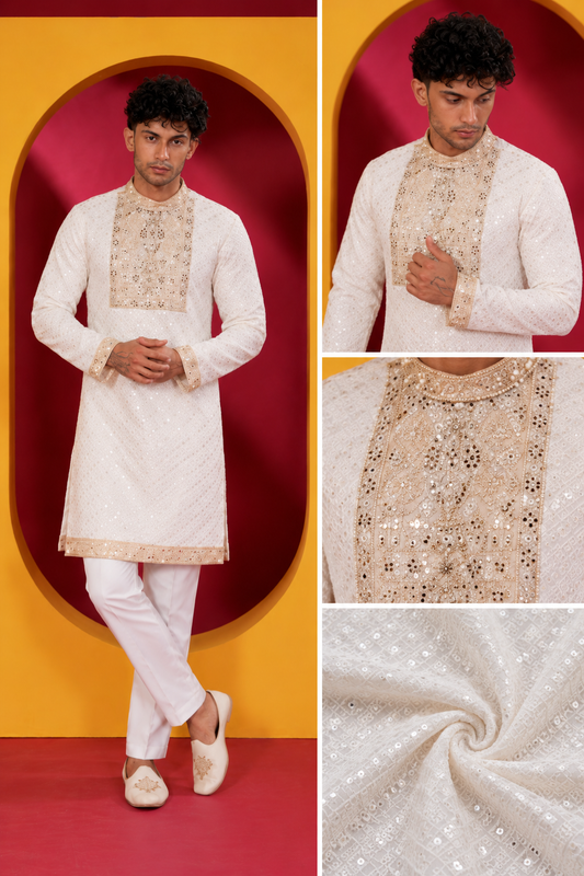 Men's Premium Ivory White Embroidered Festive Kurta Pajama Set
