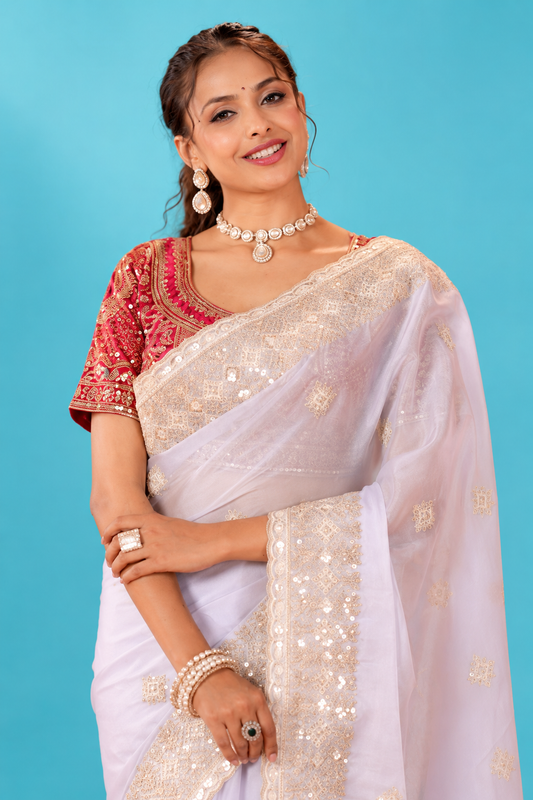 Elegant Pastel Lavender Designer Saree with Golden Embroidery & Rich Scalloped Border
