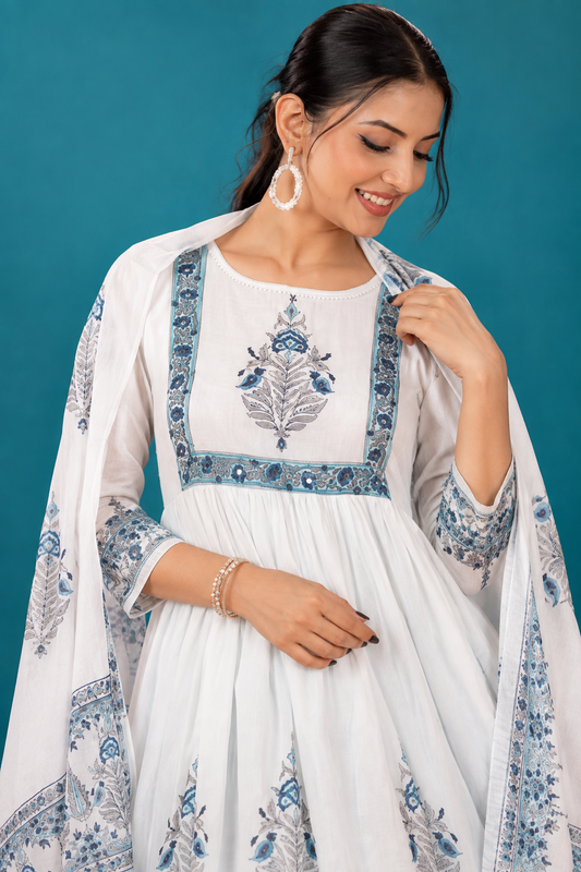 Elegant White & Blue Printed Anarkali Set