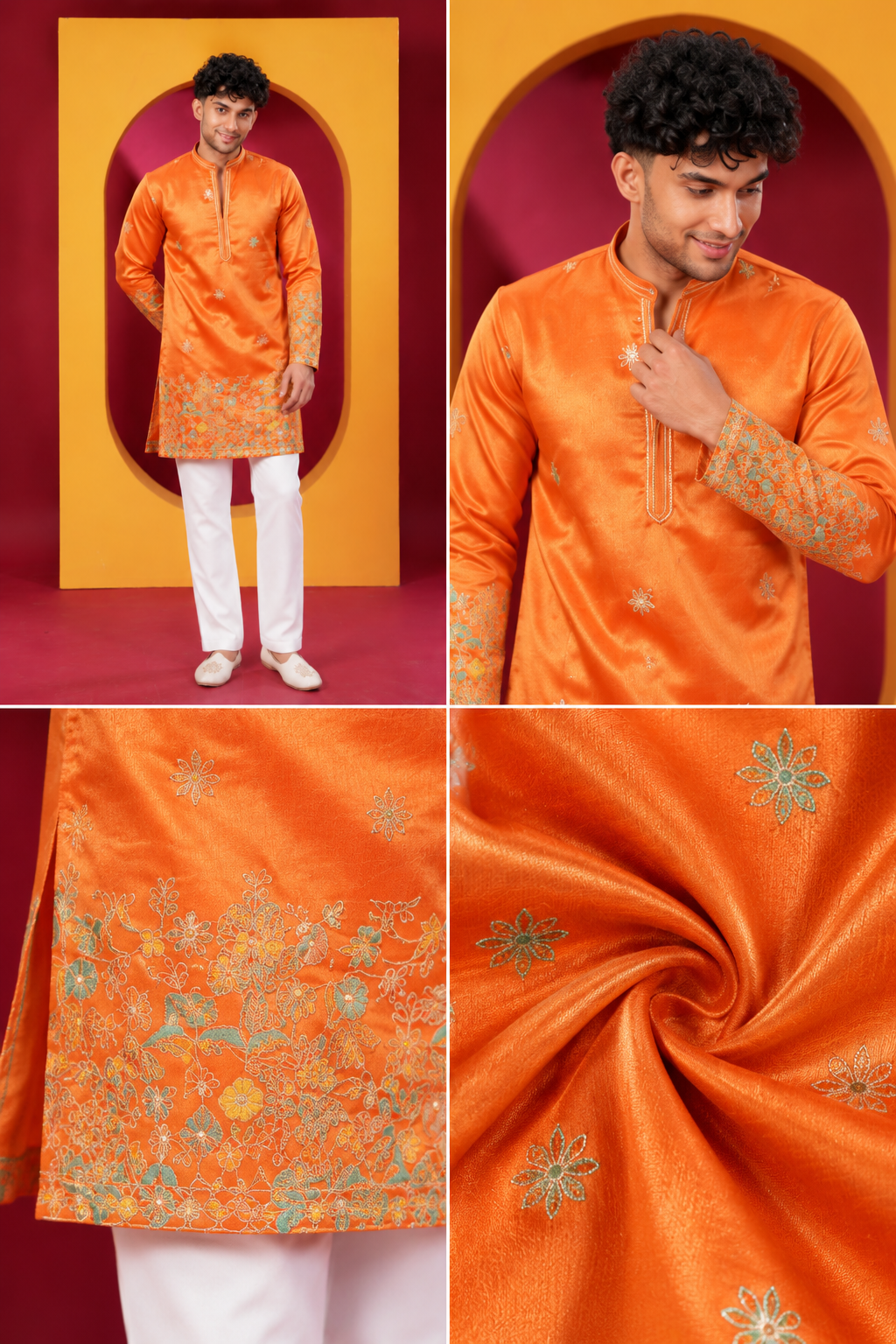 Men's Premium Bright Orange Embroidered Festive Kurta Pajama Set