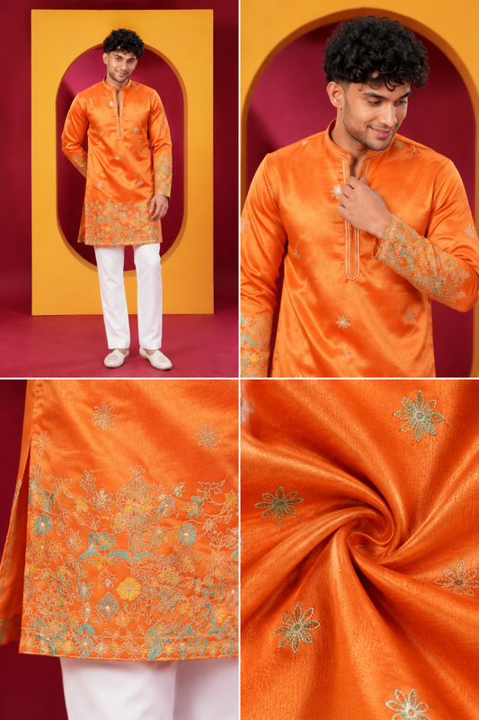 Men's Premium Bright Orange Embroidered Festive Kurta Pajama Set