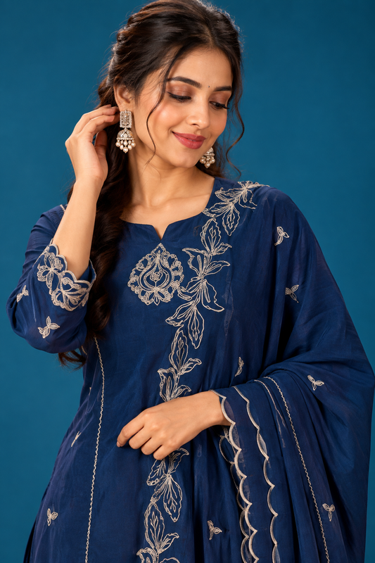 Elegant Navy Blue Embroidered Kurta Set with Dupatta