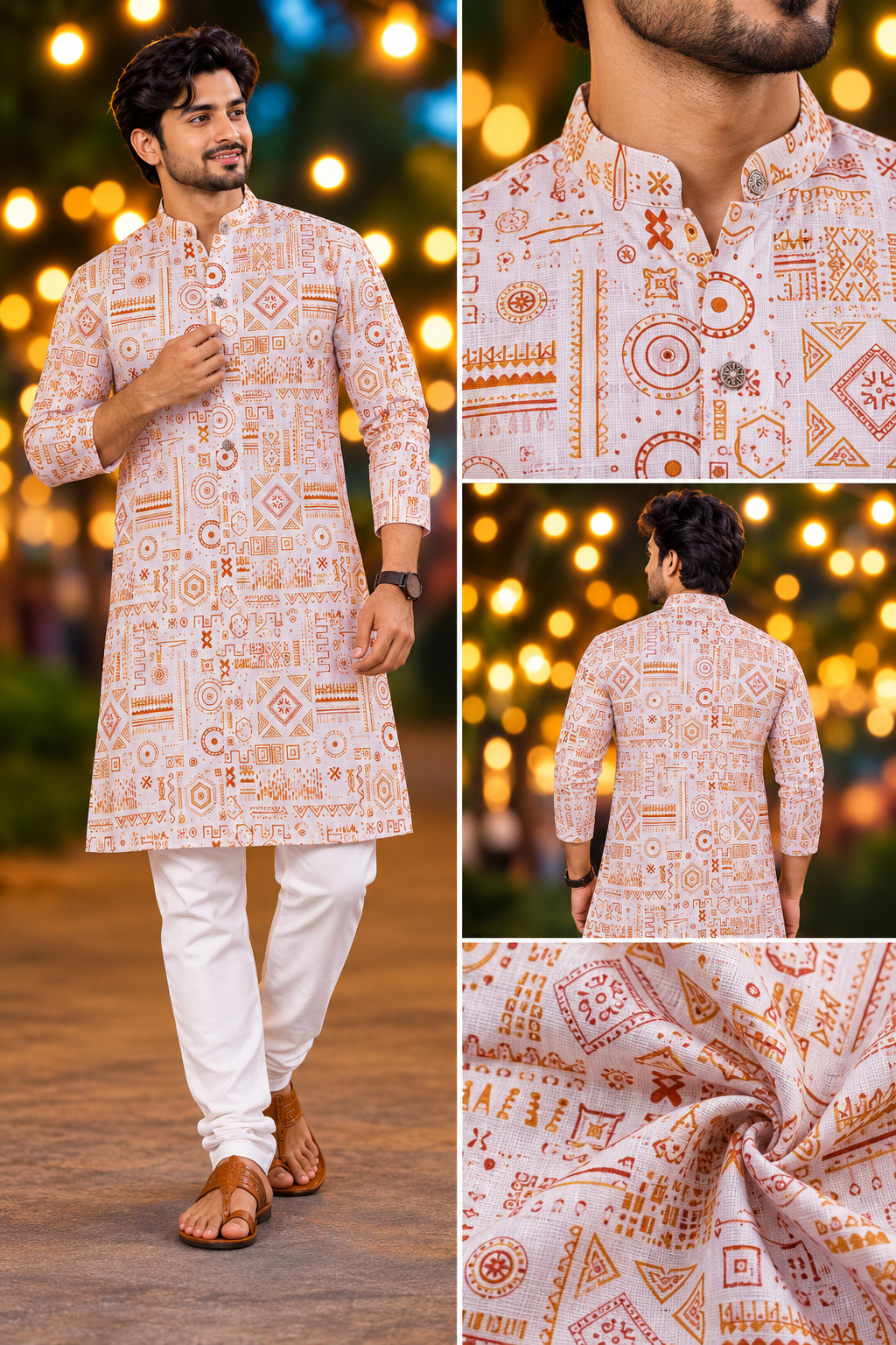 Men’s White & Orange Tribal Print Kurta