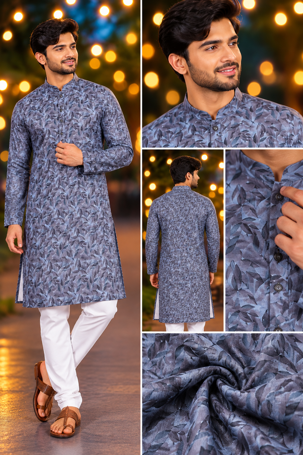 Men’s Slate Blue Leaf Print Only Kurta