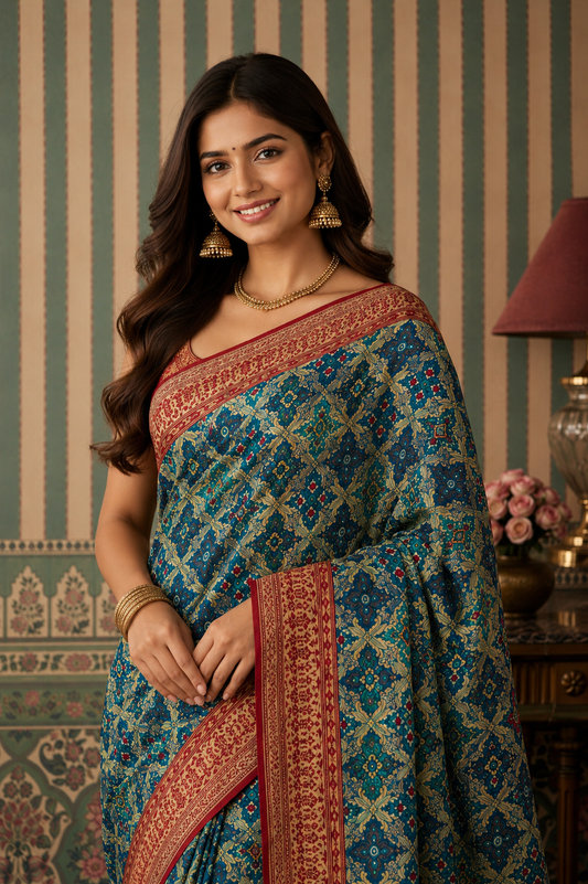 Royal Heritage Blue Printed Saree with Traditional Zari Border