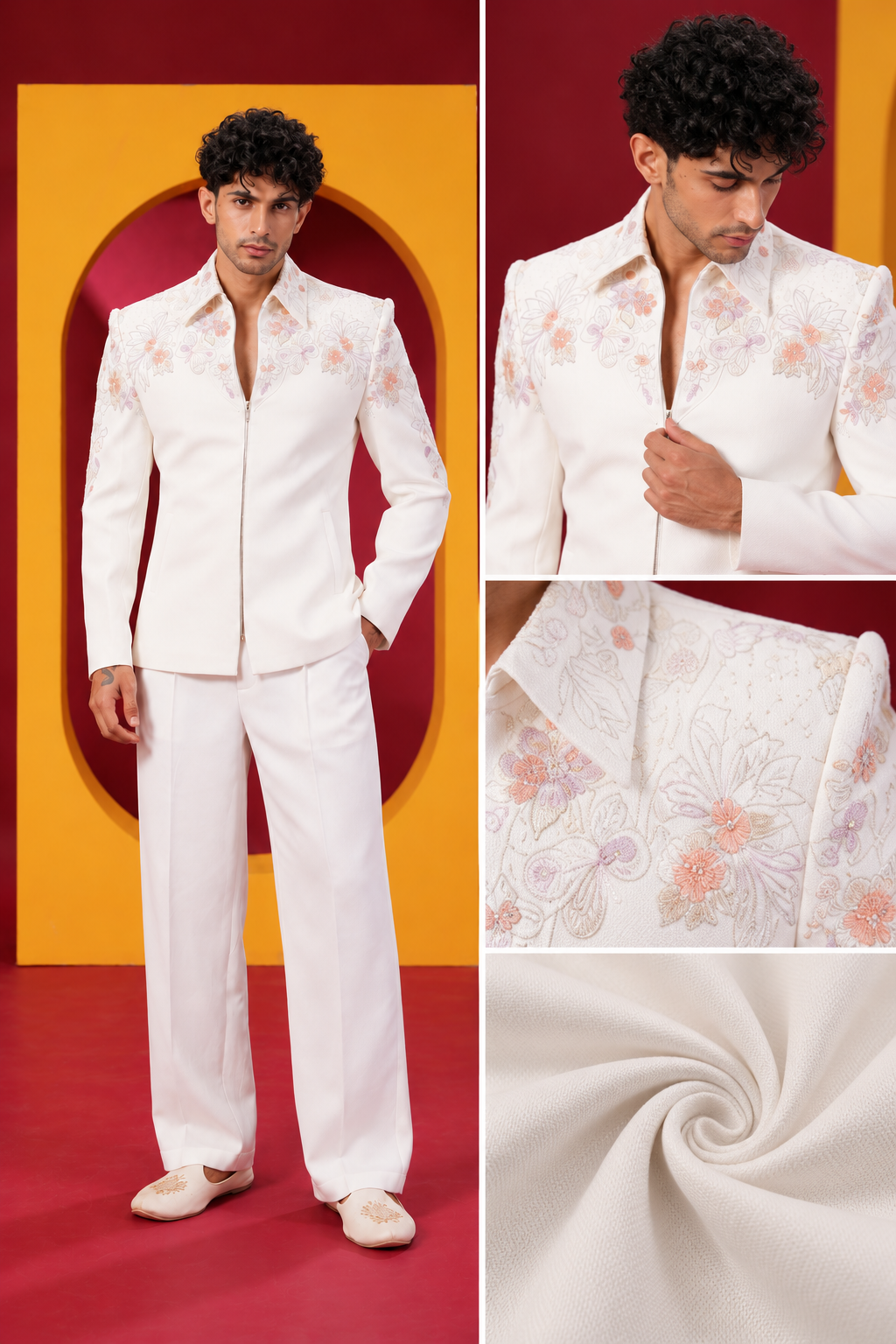 Men's Premium Ivory White Floral Embroidered Indo-Western Jacket & Trouser Set