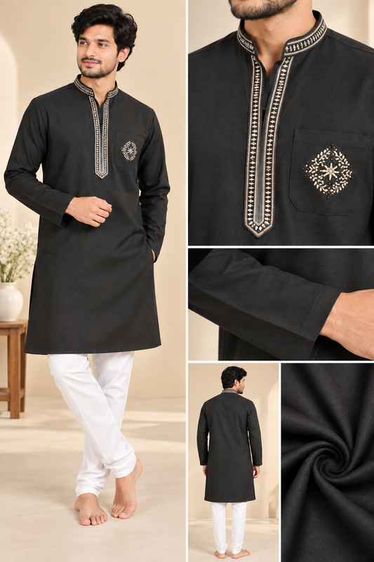 Black Embroidered Ethnic Kurta for Men