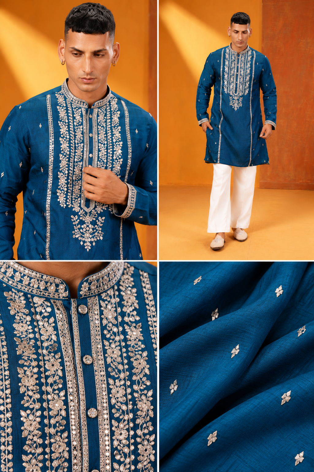 : Men's Premium Royal Teal Blue Floral Embroidered Festive Kurta Pajama Set