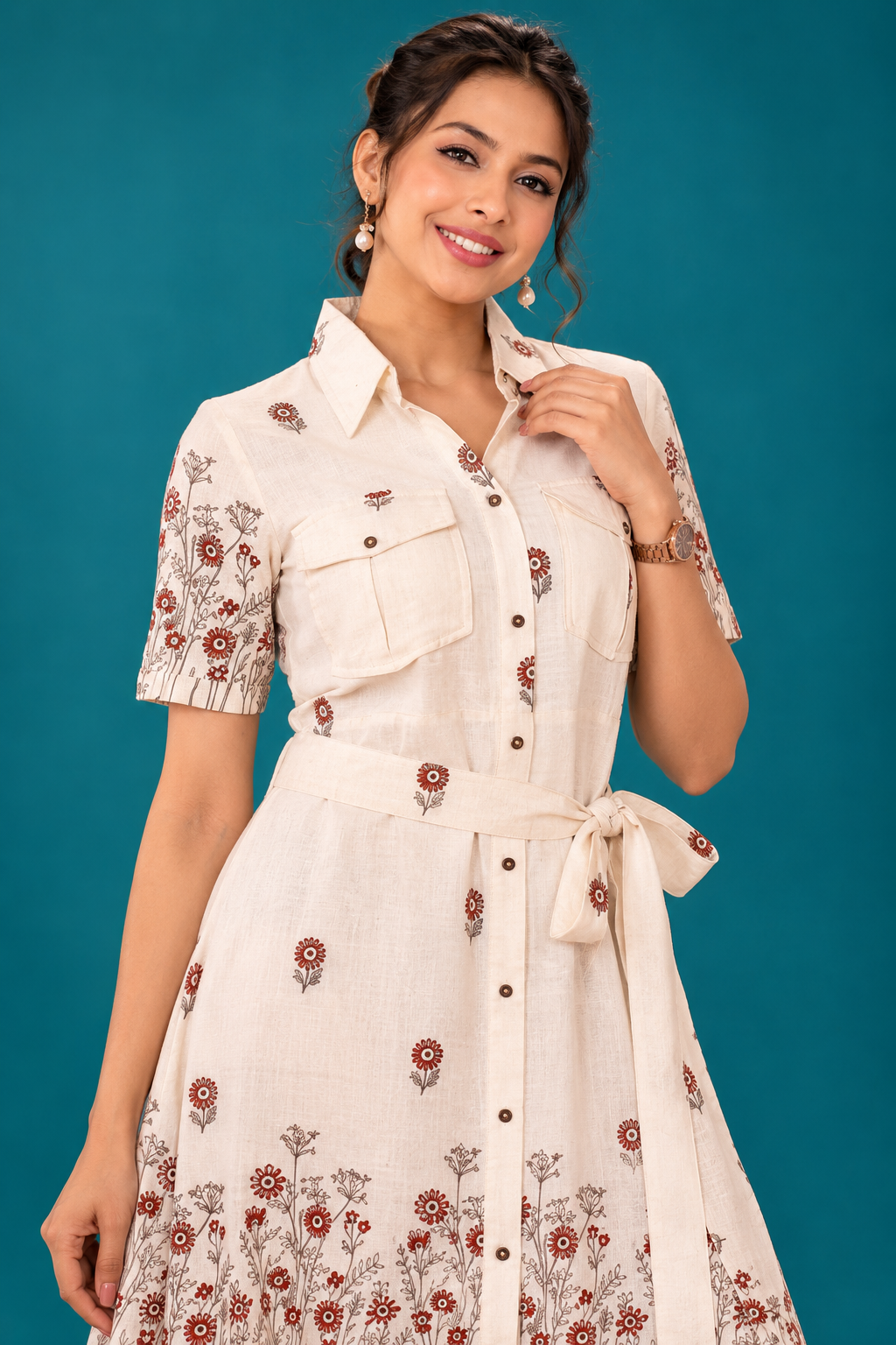 Ivory Floral Shirt Dress – Elegant Everyday Style