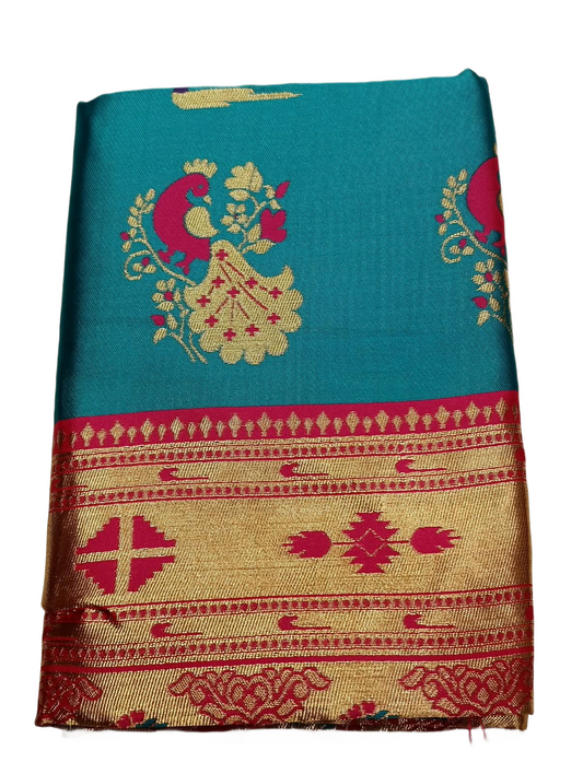 Turquoise Blue Paithani Silk Saree with Rich Golden Pallu