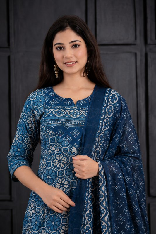 Women’s Indigo Blue Printed Kurta Pant Dupatta Set