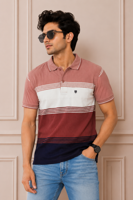 Men's Striped Polo T-Shirt with Light Wash Denim Look