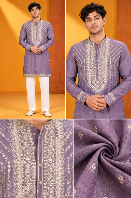 Men's Premium Lavender Purple Embroidered Festive Kurta Pajama Set