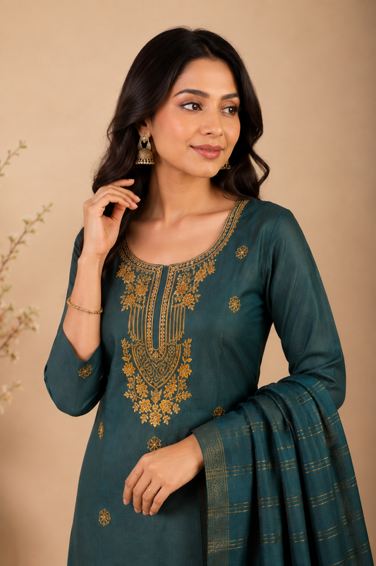 Elegant Teal Green Embroidered Kurti Pant & Dupatta Se