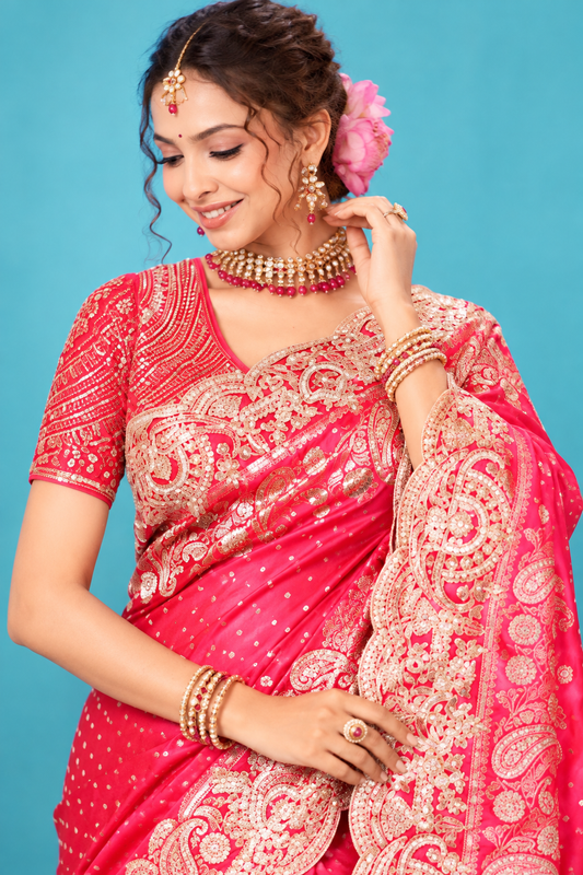 Royal Rani Pink Designer Saree with Golden Paisley Work & Rich Embroidered Pallu