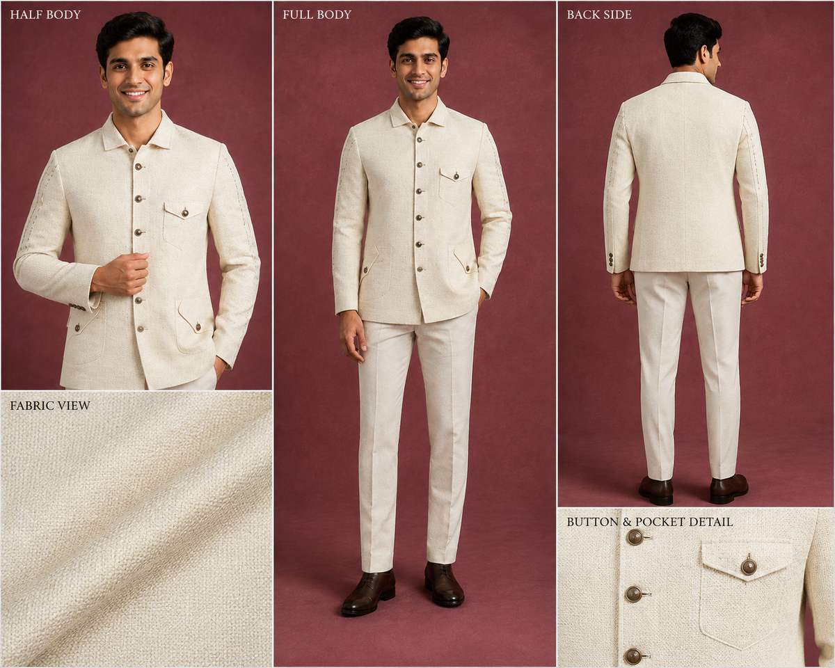 Ivory Textured Safari Jacket Suit for Men