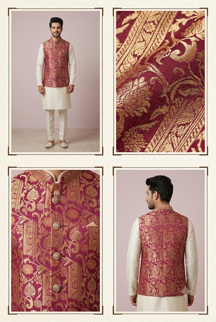 Maroon Brocade Nehru Jacket