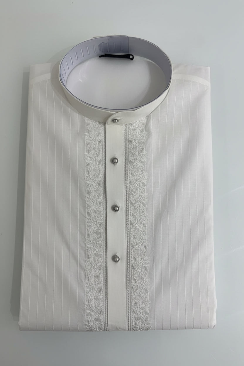 White Striped Embroidered Kurta Pajama for Men