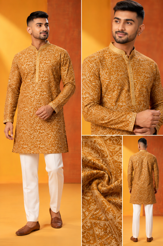 Mustard Gold Embroidered Festive Kurta Set