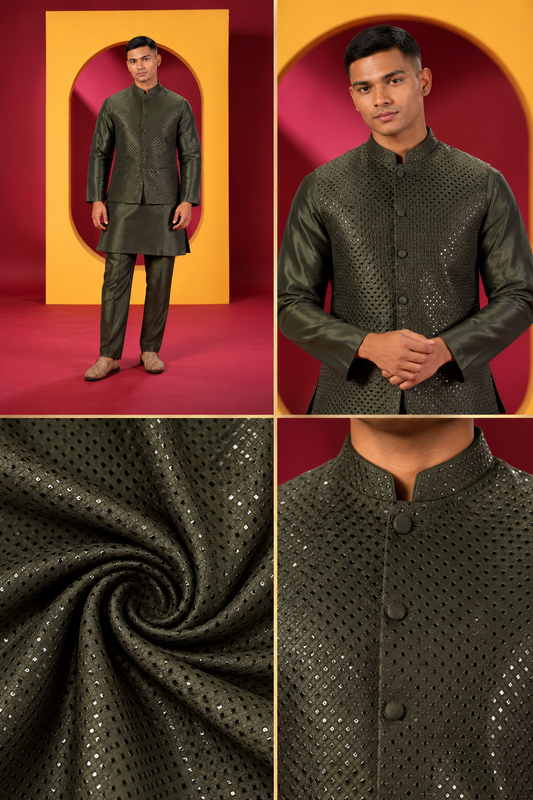 Men's Premium Olive Green Kurta Pant Set with Embellished Nehru Jacke