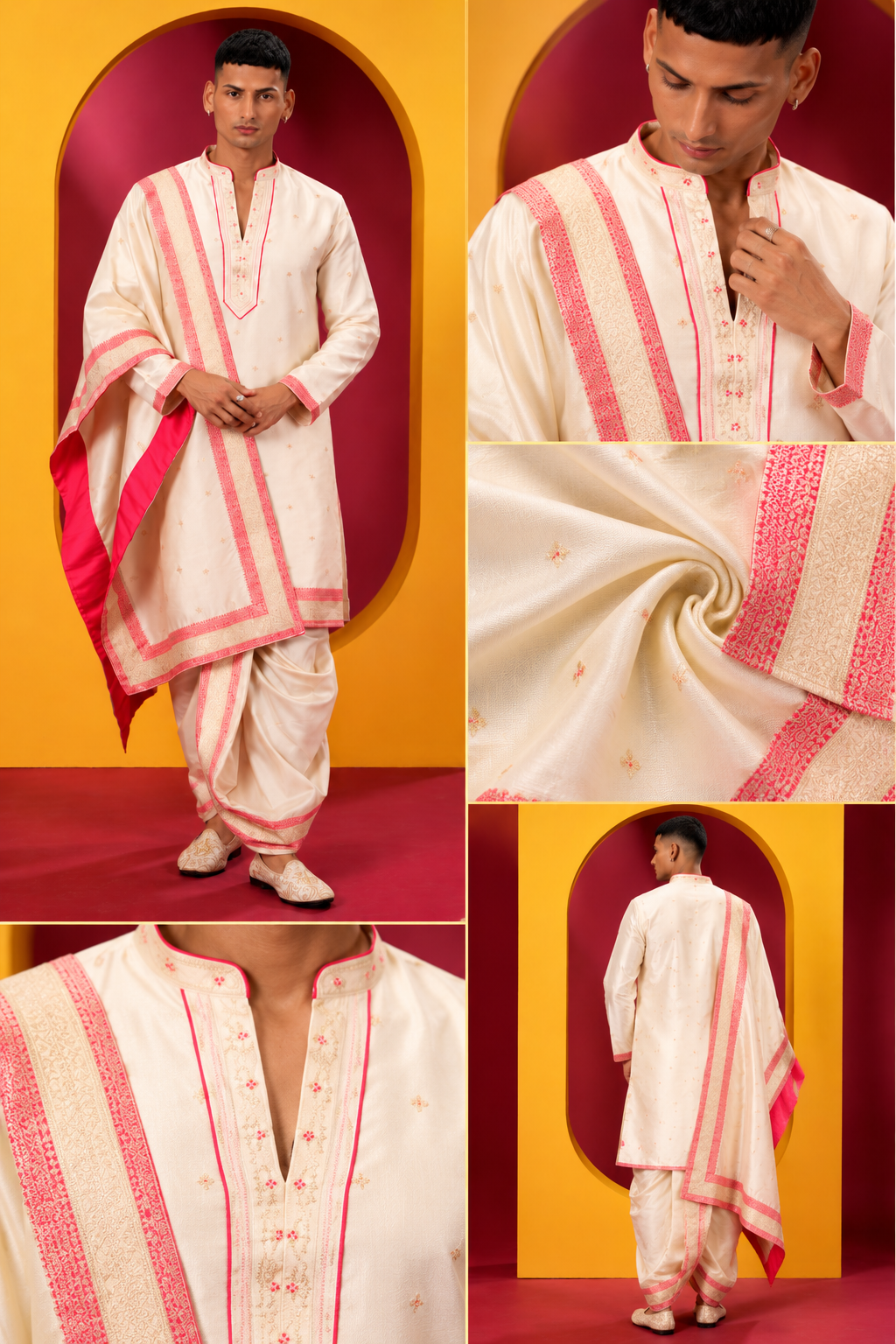 Elegant Ivory Kurta Dhoti Set with Pink Border
