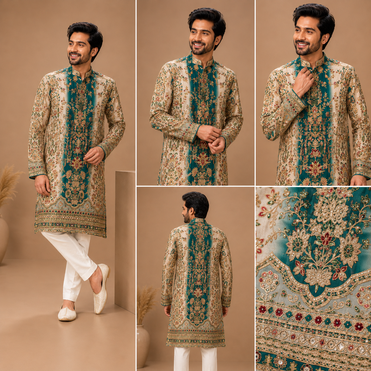 Regal Teal Heritage Print Kurta
