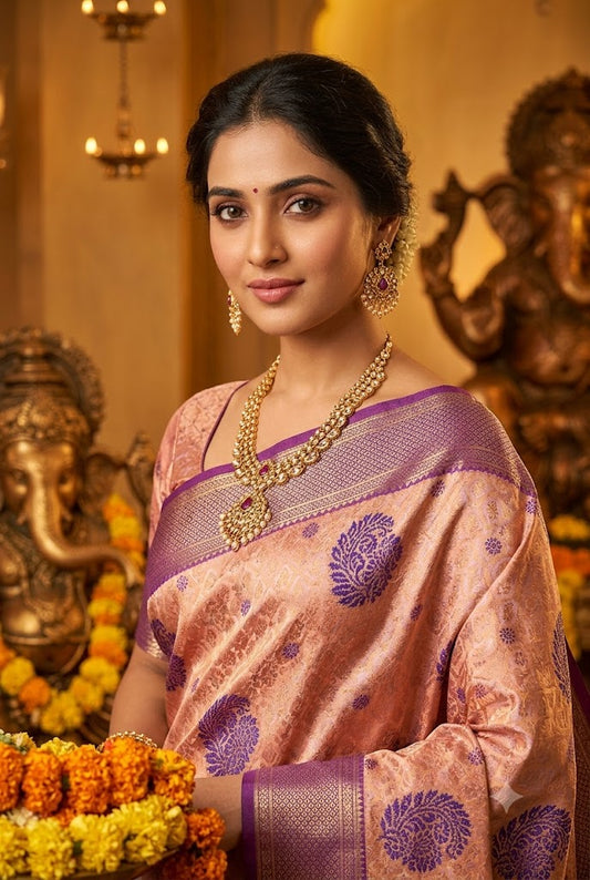Elegant Peach & Purple Kanjivaram Silk Saree for Festive Celebrations