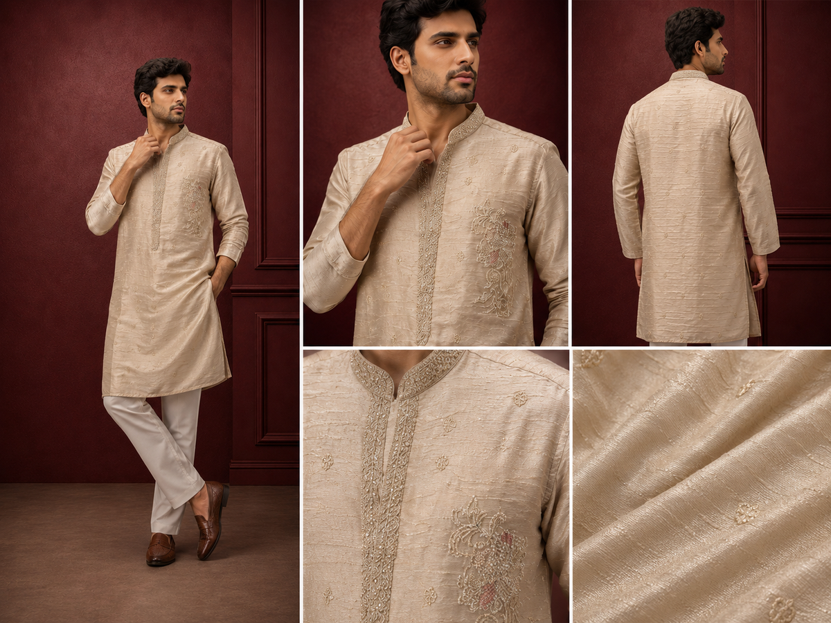 Beige Textured Silk Kurta Set with Side Chest Motif for Men