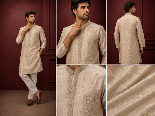 Beige Textured Silk Kurta Set with Side Chest Motif for Men