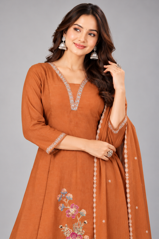 Elegant Rust Orange Floral Embroidered Kurta Pant & Dupatta Set