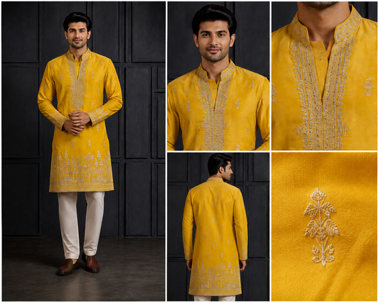 Mustard Yellow Embroidered Silk Kurta Set with Village Scenery Border for Men