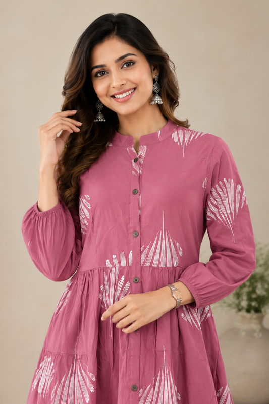 Women's Printed Tiered Cotton Kurti with Mandarin Collar