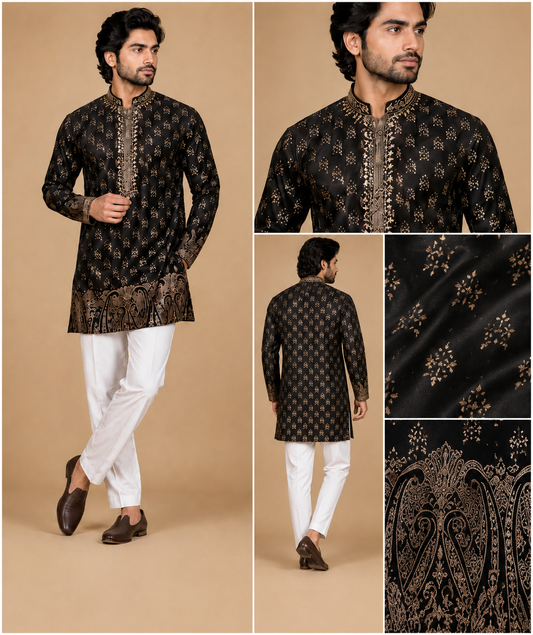 Black & Gold Embroidered Festive Kurta