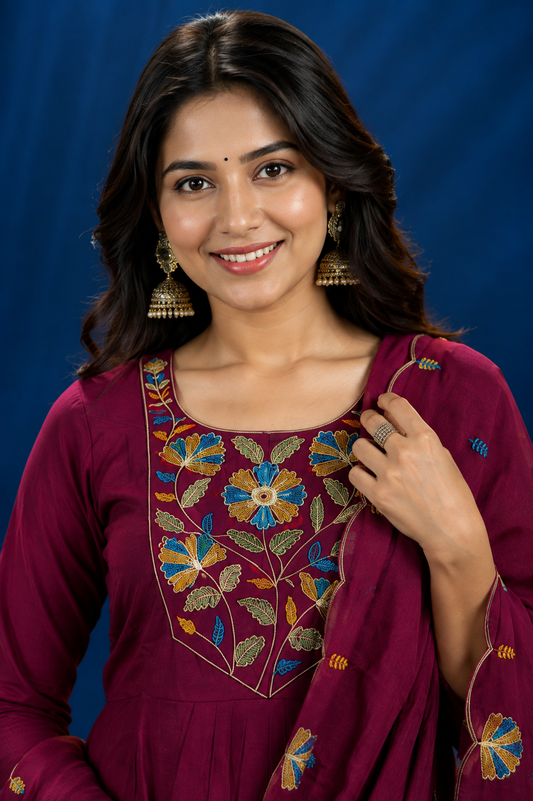 Floral Embroidered Kurti, Bottom & Dupatta Set