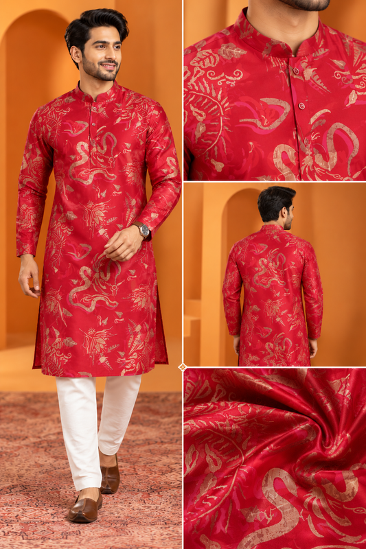 Men's Royal Red Printed Kurta