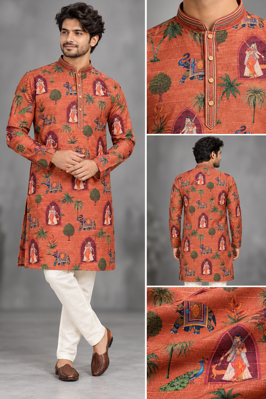 Men's Rust Orange Rajasthani Heritage Printed Kurta